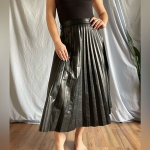 Faux Leather Pleated Belted Midi Skirt